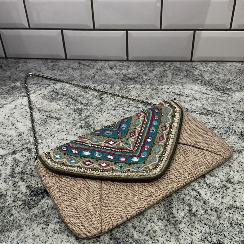 Chicos Jerri Clutch Embellished Embroidered Chain‎ Bag Turquoise Tan Boho Chic
